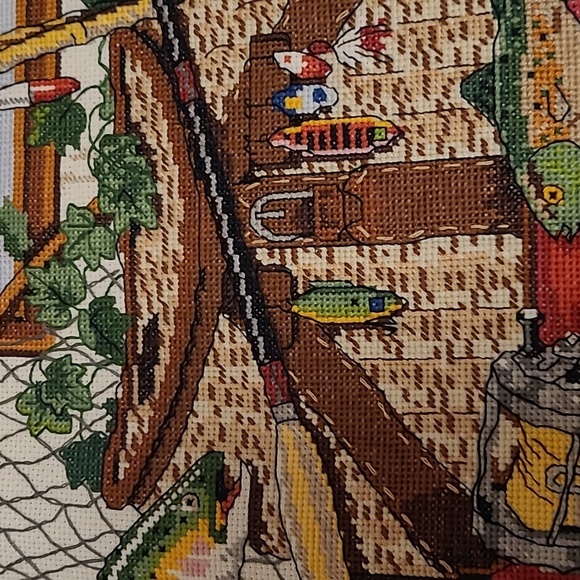 Vintage Fisherman's Fishing Gear Finished Cross Stitch Sampler - Picture 6 of 16